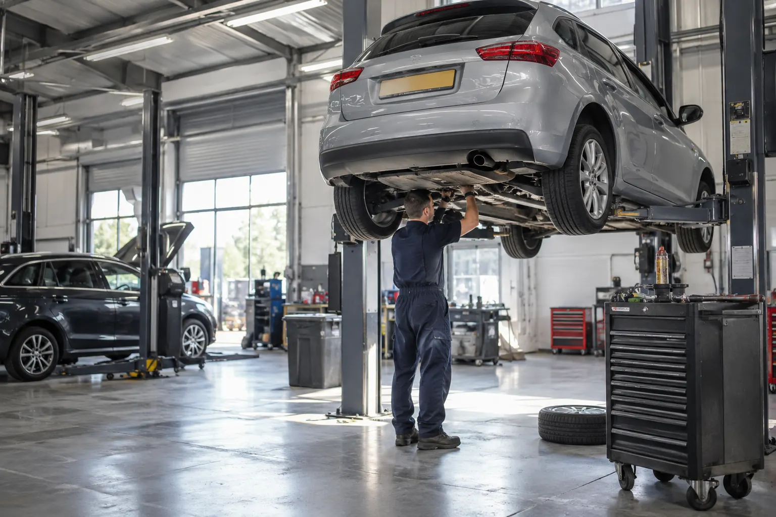 Car on a lift ramp inside the Brockley Motor Works workshop