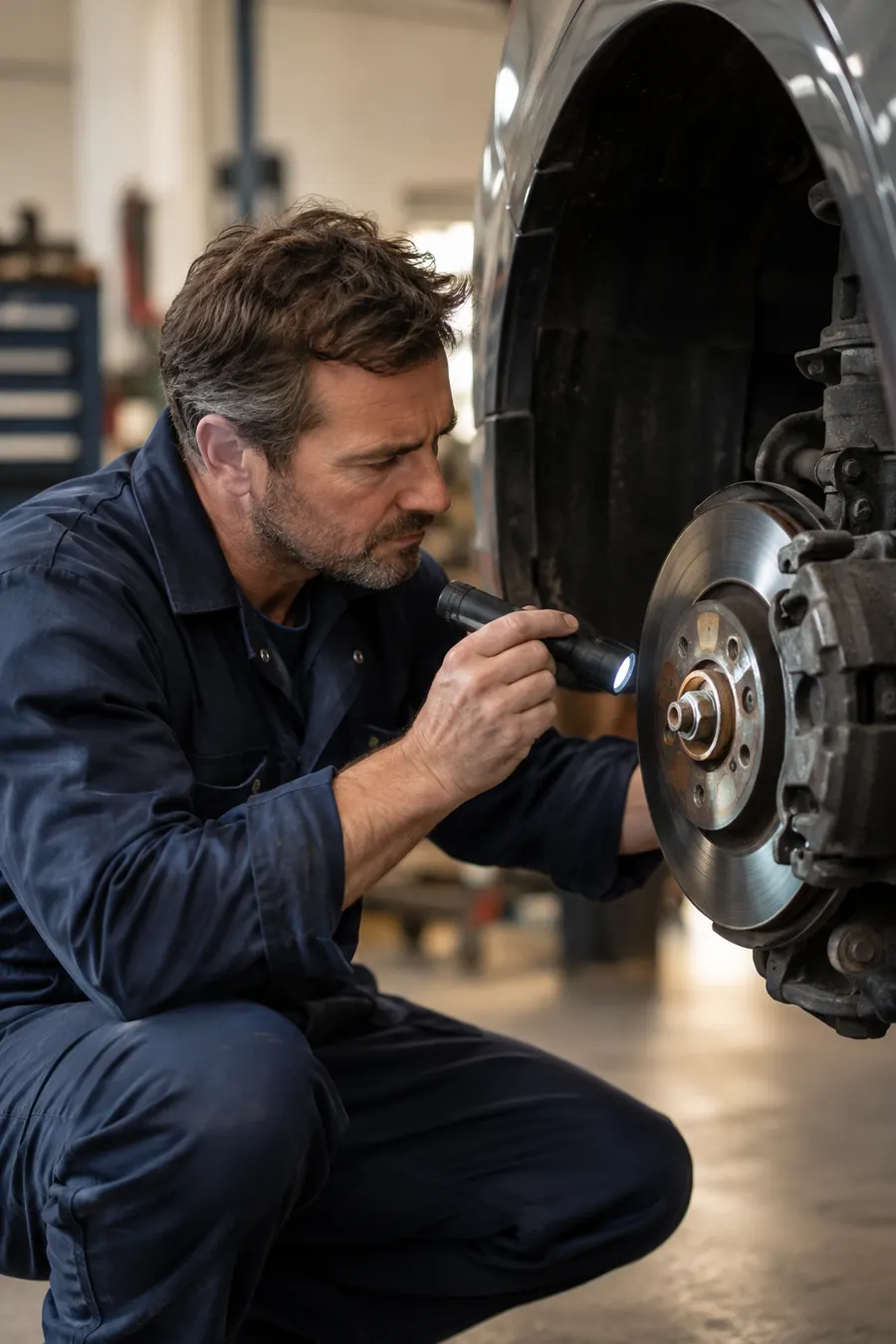 A Brockley technician inspecting a brake disc