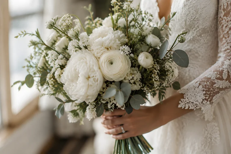 A bride's hands holding a bouquet of white peonies and wildflowers, with lace sleeves and soft window light. Sample image, AI-generated.