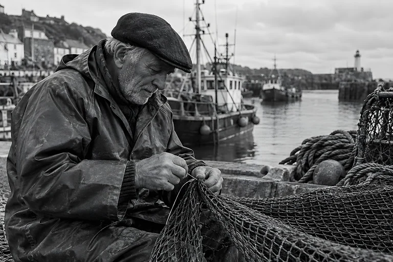 Black and white photograph of a fisherman in a flat cap mending nets on a harbour wall, boats behind him. Sample image, AI-generated.