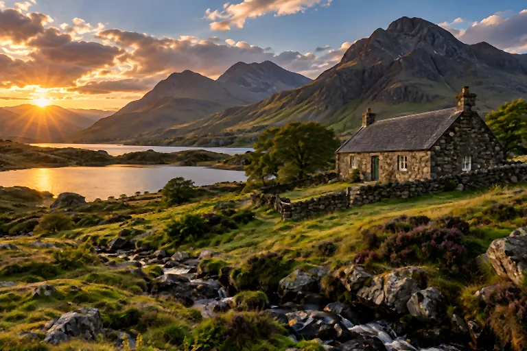 A highland glen at golden hour with a small stone cottage below mountains and a low sun through cloud. Sample image, AI-generated.
