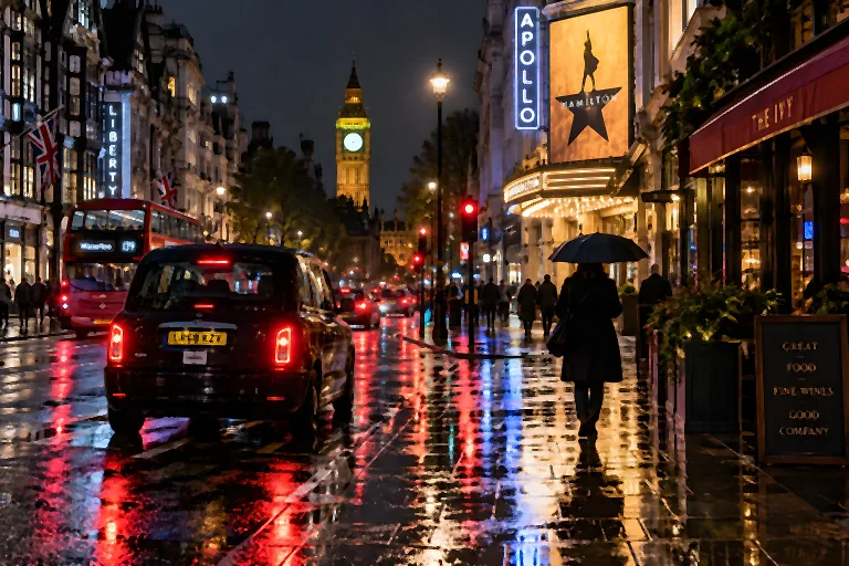 A rainy city street at night with neon reflections on wet paving, a black taxi and a person under an umbrella. Sample image, AI-generated.