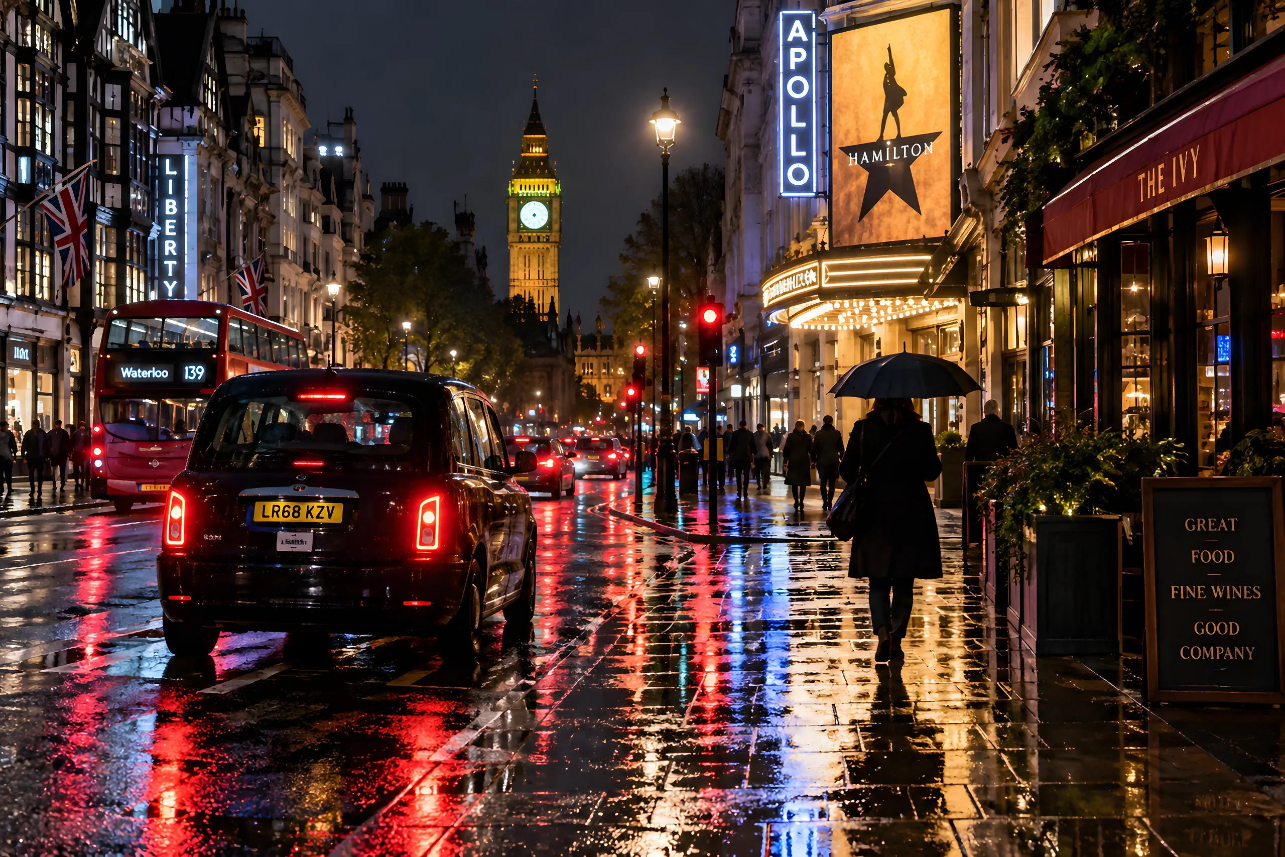 A rainy city street at night with neon and brake lights reflected on wet paving, a black taxi, and a person with an umbrella. Sample image, AI-generated.