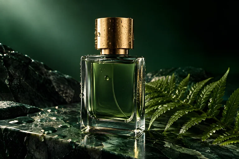 A luxury perfume bottle with a gold cap on dark green marble beside a fern, with water droplets on the glass. Sample image, AI-generated.