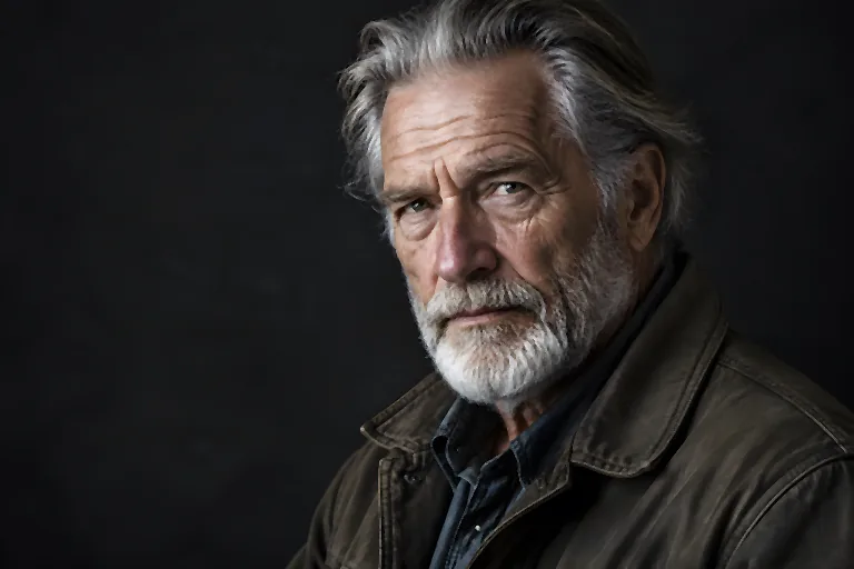 Studio portrait of a weathered older man with grey hair and a white beard against a dark background. Sample image, AI-generated.