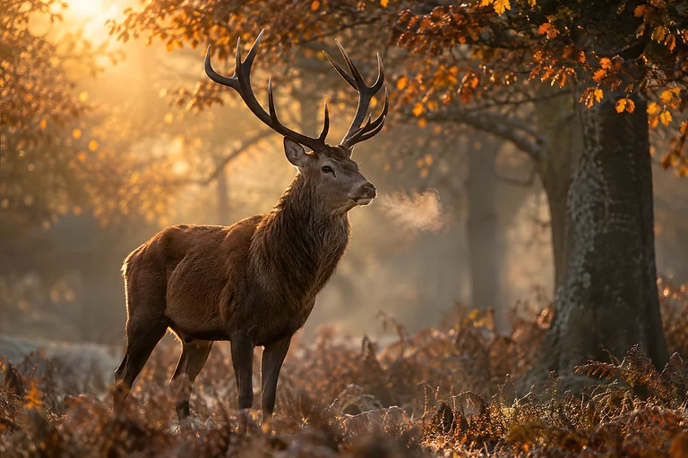 A red deer stag standing in misty autumn woodland with low golden light and fallen bracken. Sample image, AI-generated.