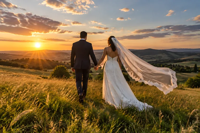 A couple seen from behind walking through a golden meadow at sunset, the bride's veil lifting in the wind. Sample image, AI-generated.